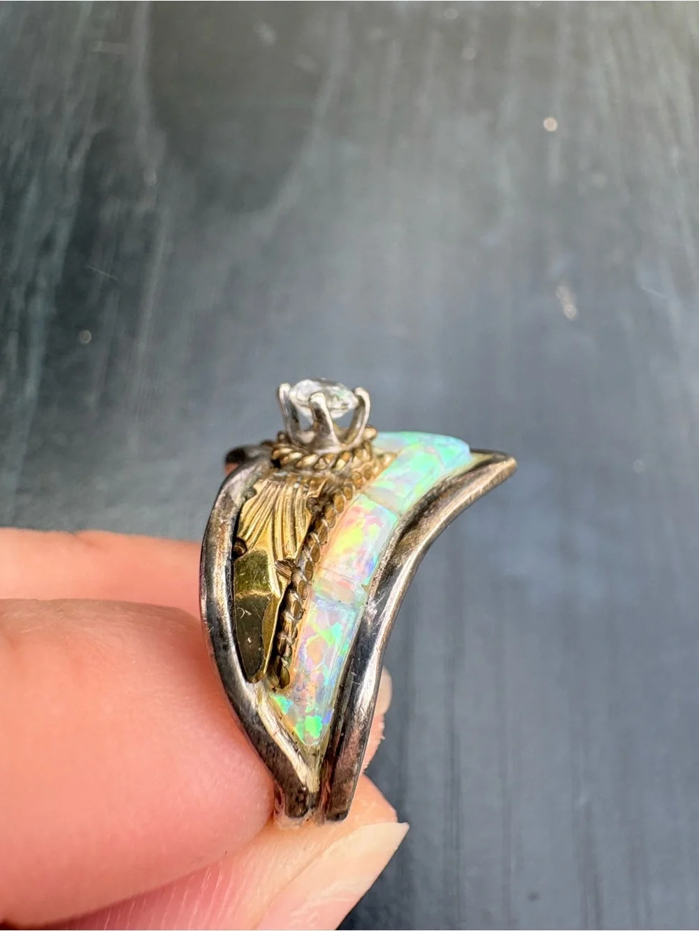 Vintage S. Ray Sterling Silver Ring with Opal and Clear Stone - Size 8.5